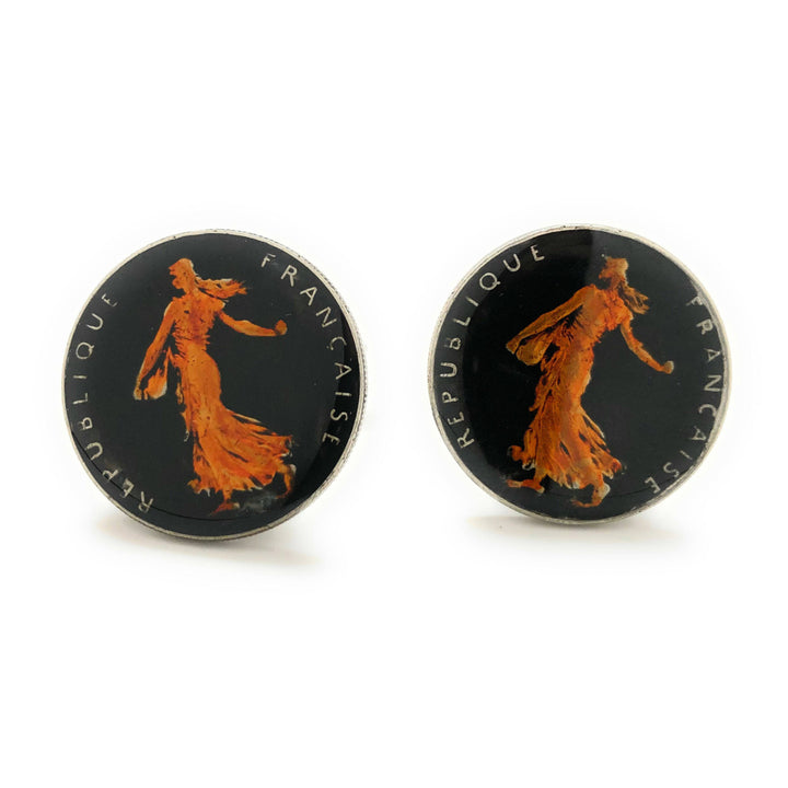 Birth Year Coin Cufflinks Hand Painted French France Black Enamel Coin Jewelry with Copper Enamel Cuff Links Comes with Image 1