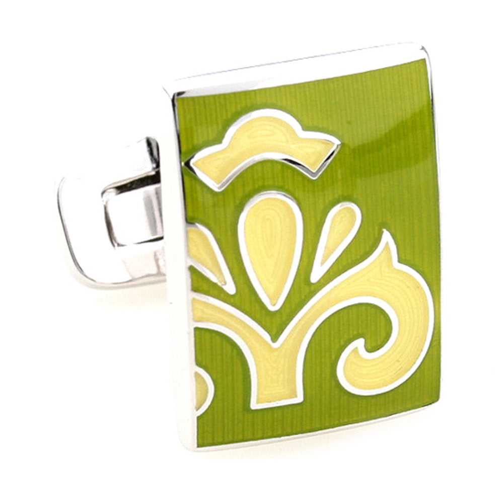 Cufflinks Springtime Bloom Enamel Fleur Tile Yellow and Green Cuff Links Solid Post Whale Tail Backing Cufflinks Image 1