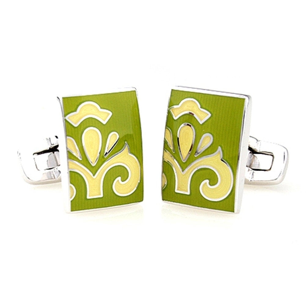 Cufflinks Springtime Bloom Enamel Fleur Tile Yellow and Green Cuff Links Solid Post Whale Tail Backing Cufflinks Image 2