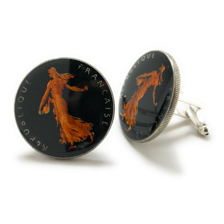 Birth Year Coin Cufflinks Hand Painted French France Black Enamel Coin Jewelry with Copper Enamel Cuff Links Comes with Image 2