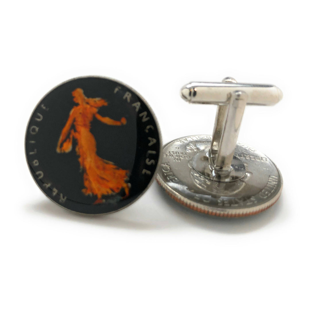 Birth Year Coin Cufflinks Hand Painted French France Black Enamel Coin Jewelry with Copper Enamel Cuff Links Comes with Image 3