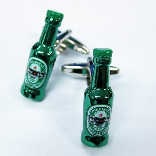 Green Beer Bottle Cufflinks Ice Cold Beer Ale Alcohol Party Good Times Cuff Links Cool Fun 3D Design Detailed Comes with Image 1