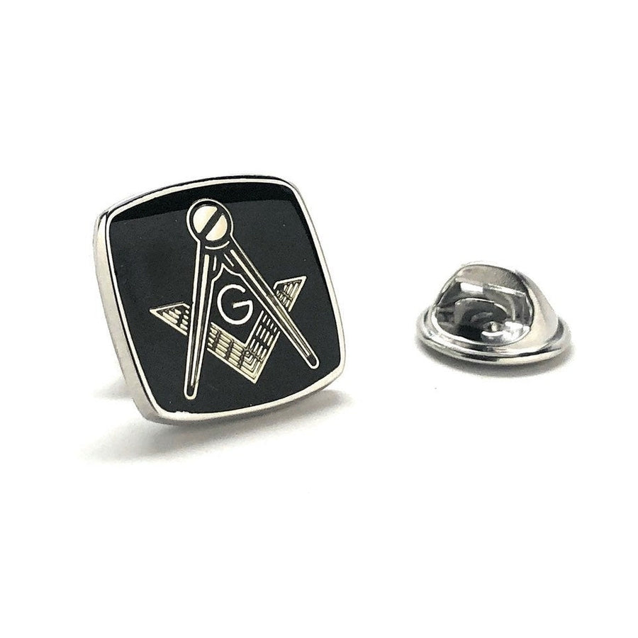 Enamel Pin Masonic Symbol Lapel Pin Freemason Black Enamel Silver Collector Silver Tone Compass and Square Tie Tack Image 1