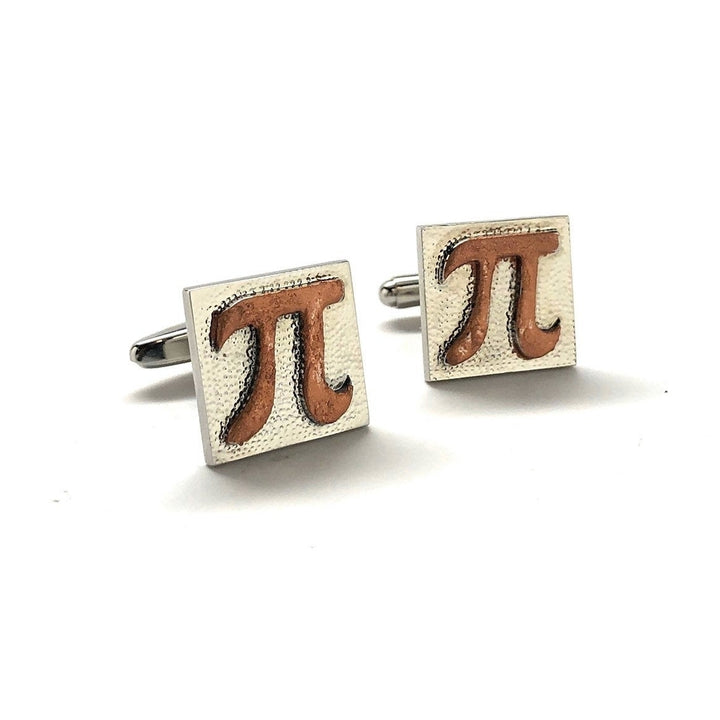 PI Symbol Cufflinks Silver with Rustic Copper Hammered Block Math Wizard Sign Mad Scientist Cuff Links Teacher Gift Image 1