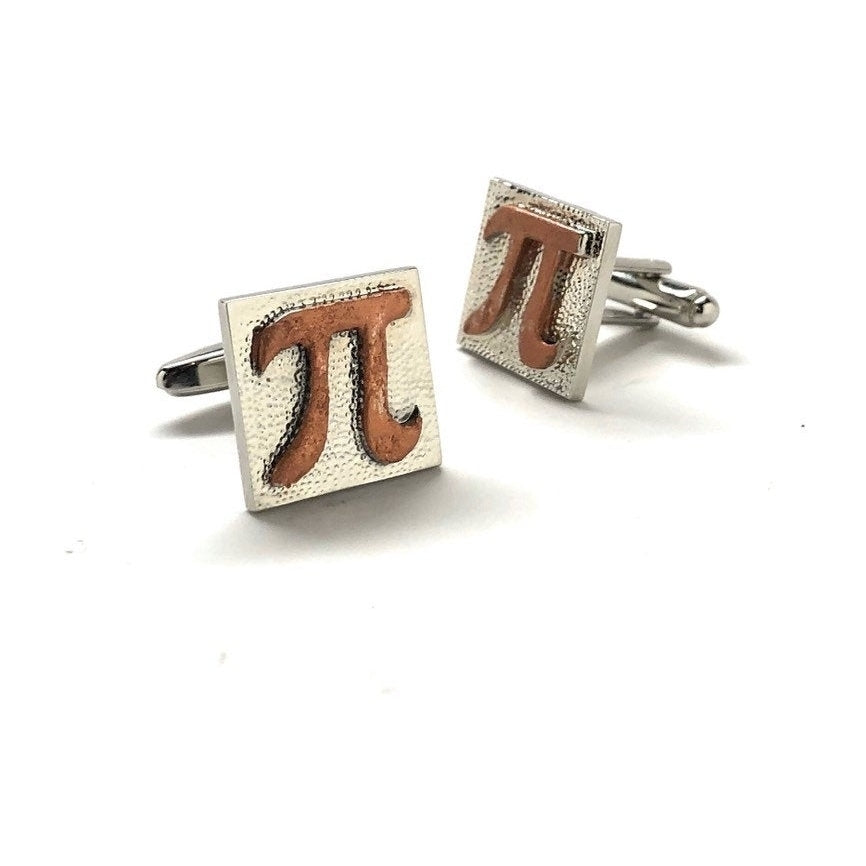 PI Symbol Cufflinks Silver with Rustic Copper Hammered Block Math Wizard Sign Mad Scientist Cuff Links Teacher Gift Image 2
