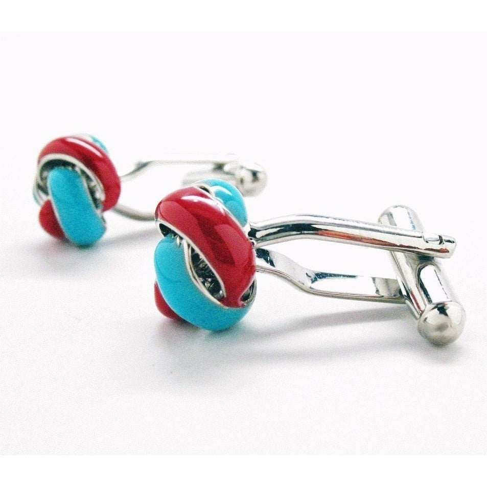 Classic Silver Red and Turquoise Twisted Knots Cufflinks Cuff Links Image 3