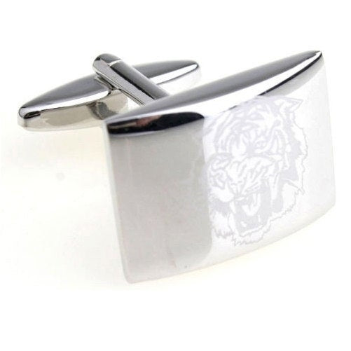 Silver Brushed Tiger Face Cufflinks Shiny Silver Rectangle Tiger Head Jungle Cufflinks Image 1