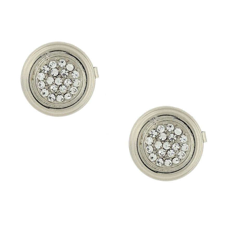 Faux Cufflinks Silver Framed Pave Crystal Round Silver Button Covers Unique Gift Image 1