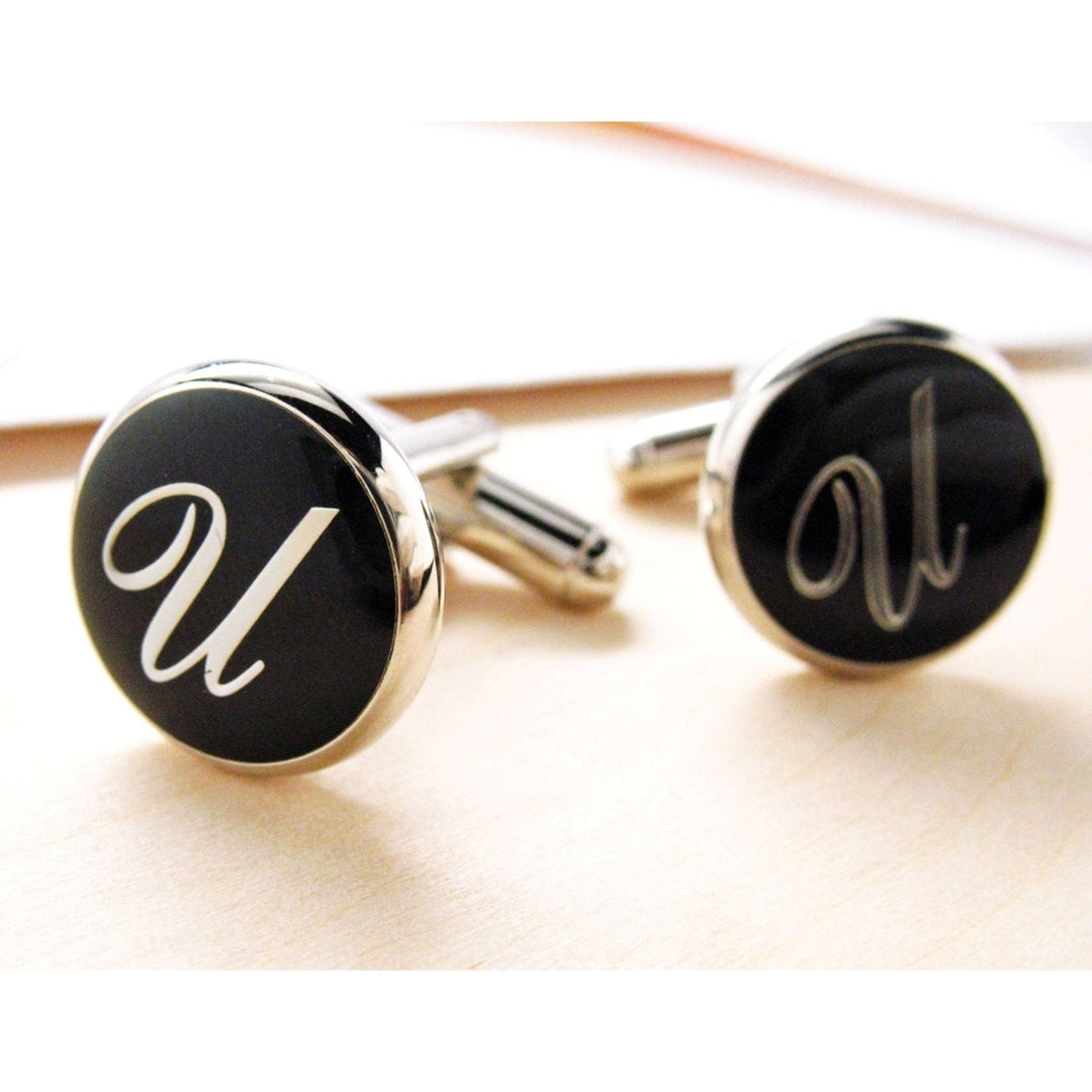 U Initial Cufflinks Silver Toned Round Black Enamel Script Letters Fancy Script Cuff Links Groom Father Bride Wedding Image 1