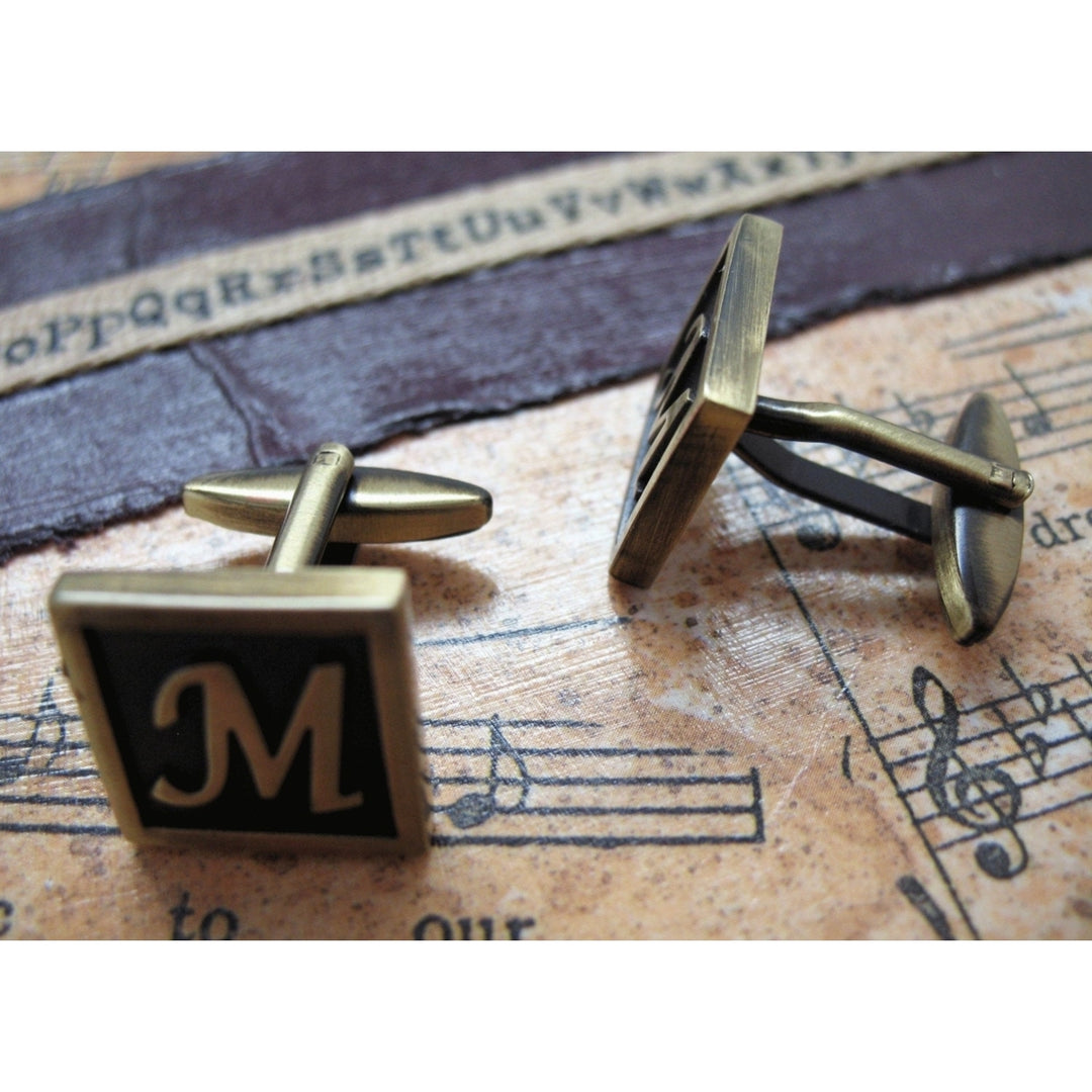 Initial M Cufflinks Letter M Cufflinks Antique Brass Cufflinks Monogram M Cuff Links Fathers Day Gift Gifts for Dad Image 2