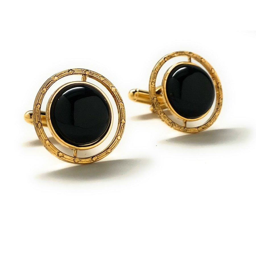 Cufflinks Whistler Round Cuff links Embossed Gold Tone Black Onyx Gifts for Him Husband Gifts for Dad Cuff Links Image 1