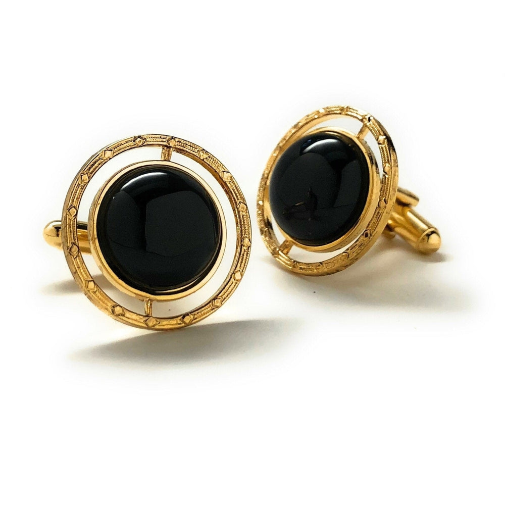 Cufflinks Whistler Round Cuff links Embossed Gold Tone Black Onyx Gifts for Him Husband Gifts for Dad Cuff Links Image 2