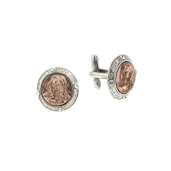 Religious Faith Cufflinks Rose Gold-tone Embossed Image of the Virgin Mary Textured Silver Frames Cuff Links Image 1