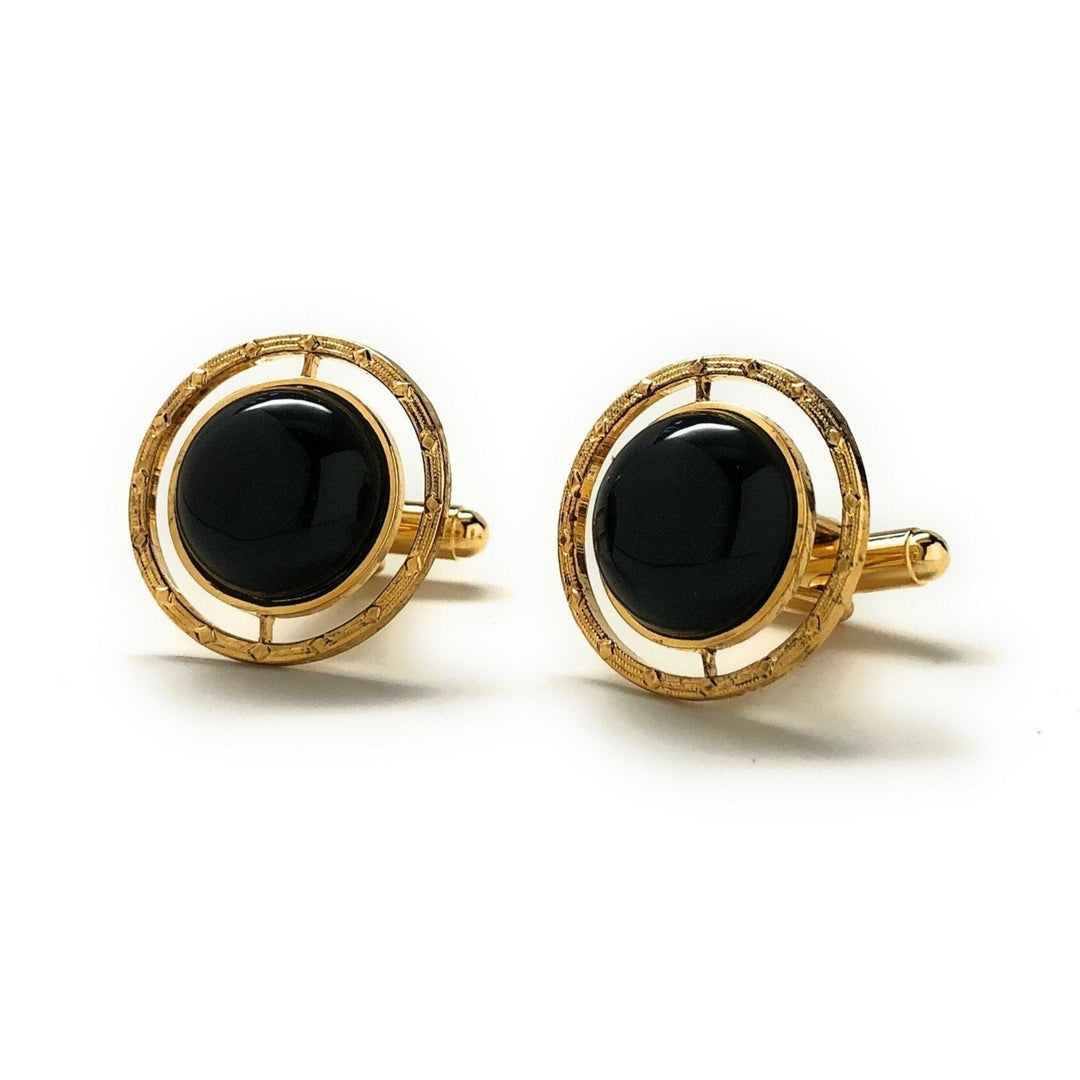 Cufflinks Whistler Round Cuff links Embossed Gold Tone Black Onyx Gifts for Him Husband Gifts for Dad Cuff Links Image 4