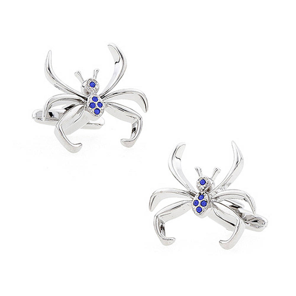 Lucky Spider Cufflinks Silver Tone Montana Blue Crystal Walking Spider Cool Unique Fun Design Cuff Links Comes with Gift Image 1