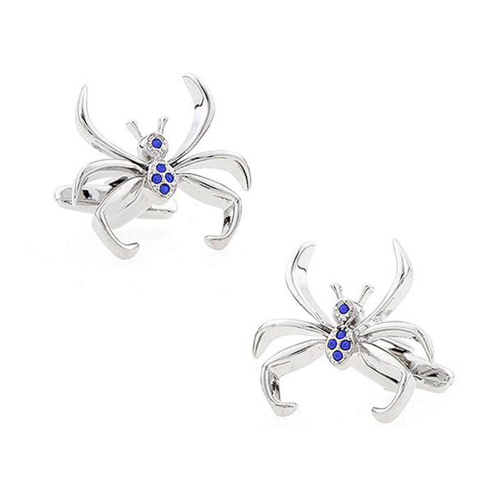 Lucky Spider Cufflinks Silver Tone Montana Blue Crystal Walking Spider Cool Unique Fun Design Cuff Links Comes with Gift Image 1