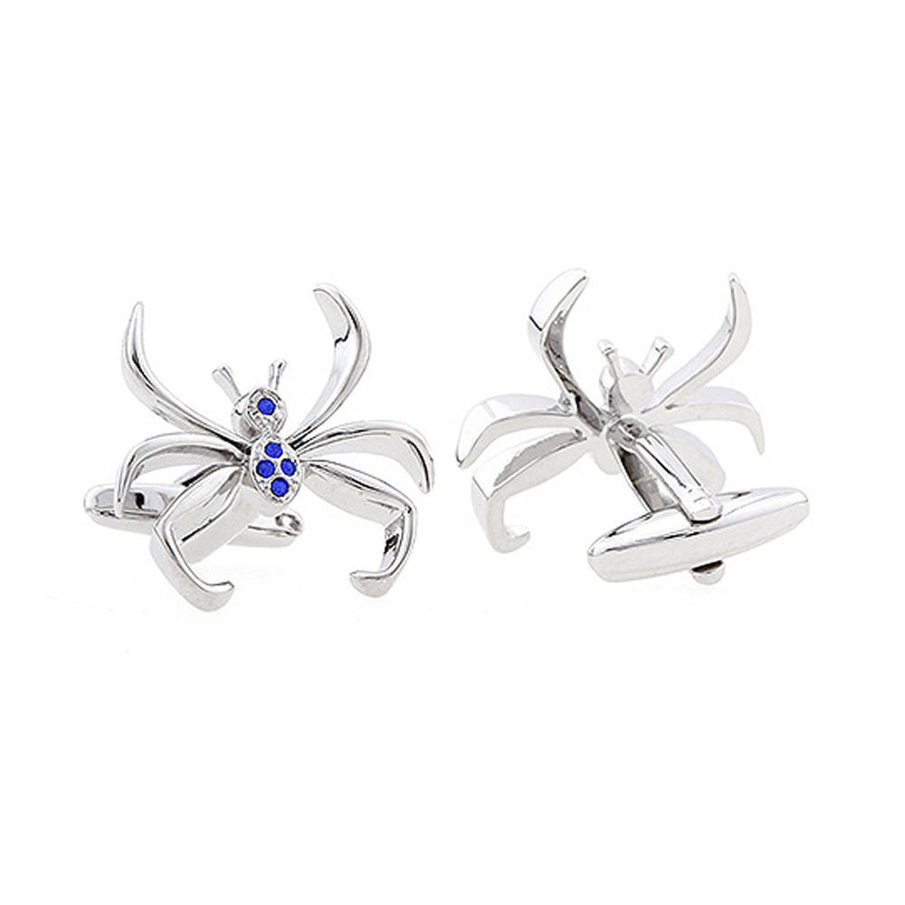 Lucky Spider Cufflinks Silver Tone Montana Blue Crystal Walking Spider Cool Unique Fun Design Cuff Links Comes with Gift Image 2
