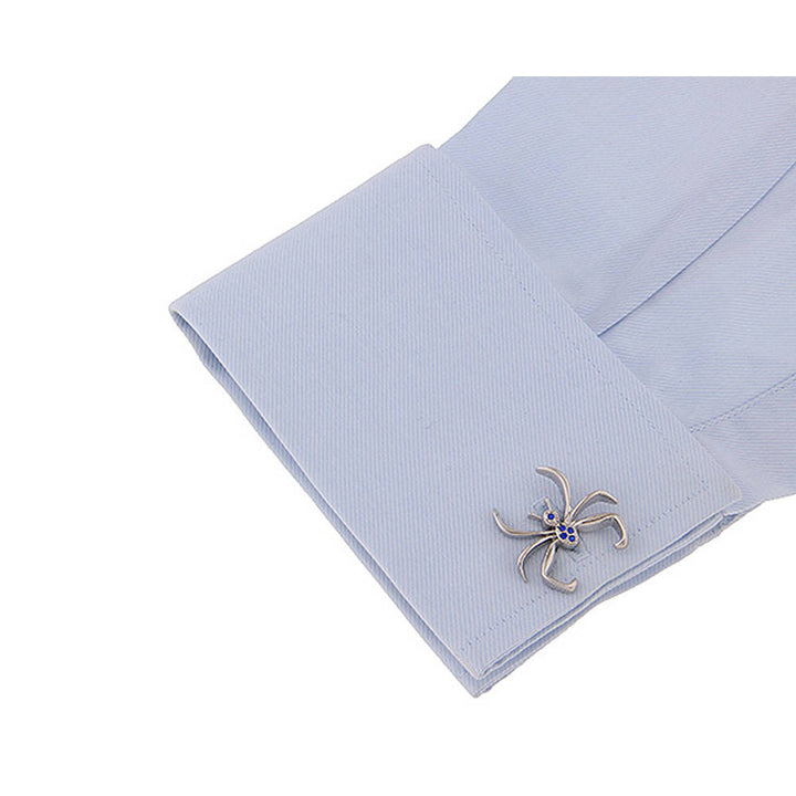 Lucky Spider Cufflinks Silver Tone Montana Blue Crystal Walking Spider Cool Unique Fun Design Cuff Links Comes with Gift Image 3