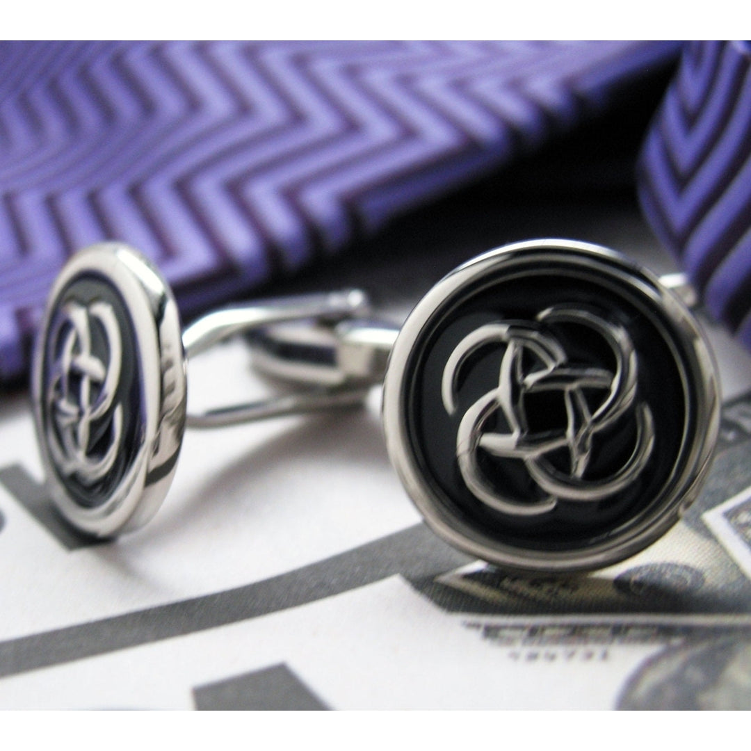 Celtic Knot Cufflinks Silver Tone Black Enamel Vintage Classic Cuff Links Groom Father of the Bride Wedding Marriage Image 2