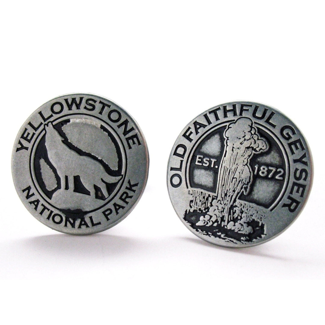Enamel Cufflinks Yellowstone Wolf and Old Faithful Token Silver Toned Classic Yellow Stone Park Transit Tokens Cuff Image 1