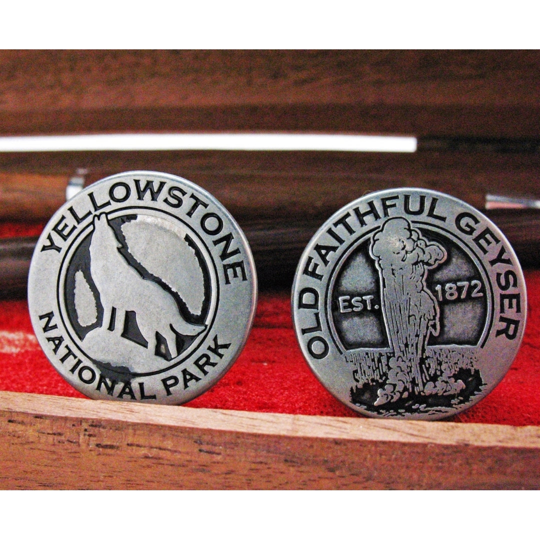 Enamel Cufflinks Yellowstone Wolf and Old Faithful Token Silver Toned Classic Yellow Stone Park Transit Tokens Cuff Image 2