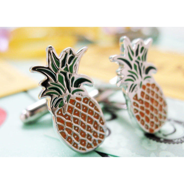 Pineapple Cufflinks Silver Tone Fun Food Fruit Pine Apple Cuff Links Comes with a Gift Box Image 1