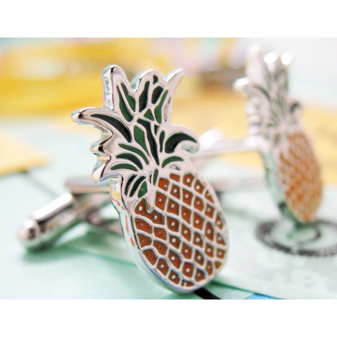 Pineapple Cufflinks Silver Tone Fun Food Fruit Pine Apple Cuff Links Comes with a Gift Box Image 2