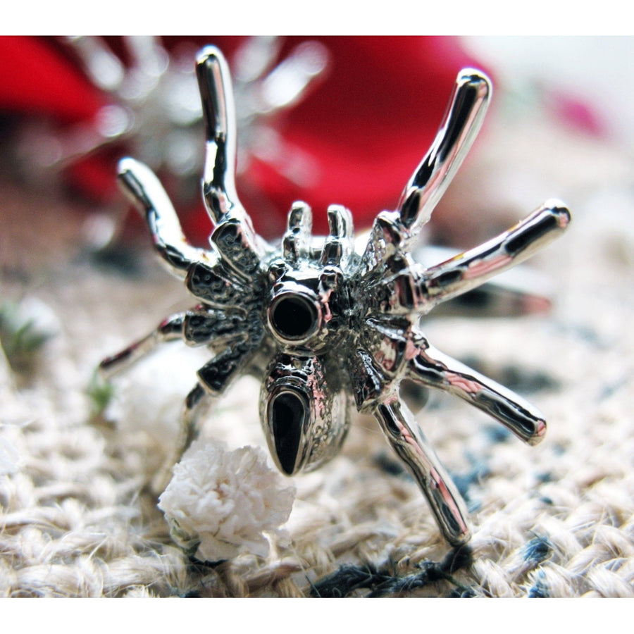 Long Legged Spider Cufflinks Silver Toned Black Crystal Spider Bug Animal Insect Cuff Links Image 1