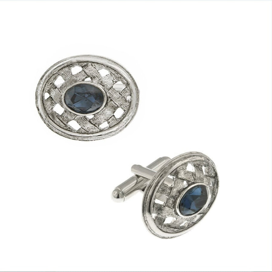 Embossed Open Weave Cufflinks Silver Tone Oval Blue Crystal Cuff Links Image 1