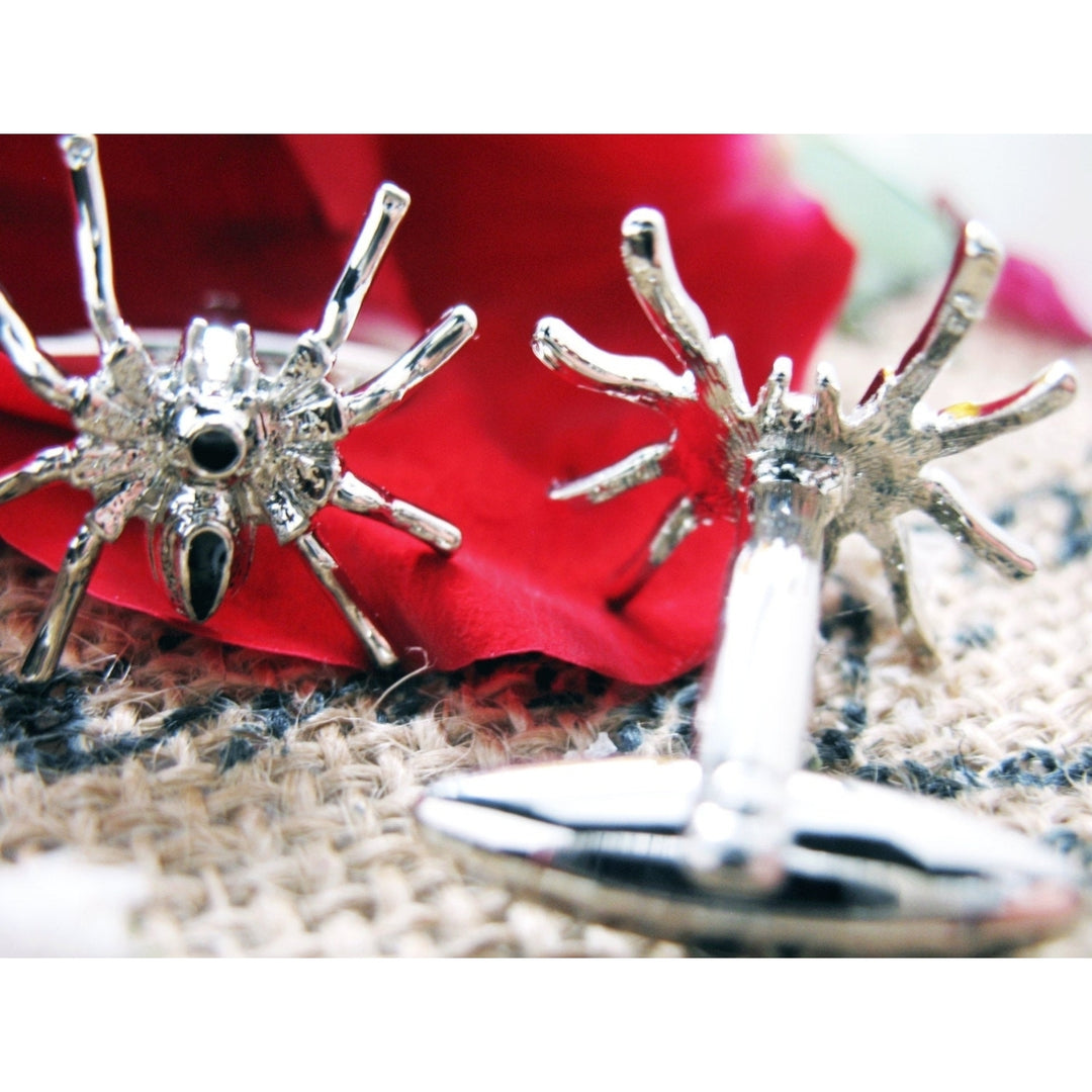 Long Legged Spider Cufflinks Silver Toned Black Crystal Spider Bug Animal Insect Cuff Links Image 3