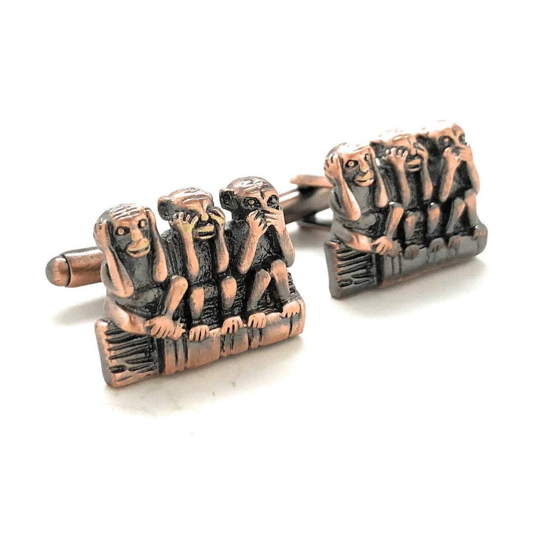 Hear no Evil See no Evil Speak no Evil Cufflinks Antique Copper Tone 3D  Monkeys Cool Fun Office Work Cuff Links with Image 1