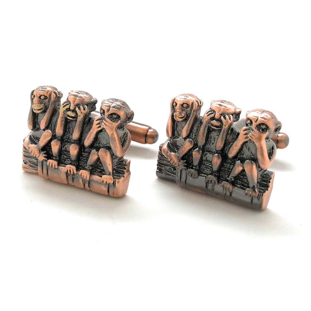 Hear no Evil See no Evil Speak no Evil Cufflinks Antique Copper Tone 3D  Monkeys Cool Fun Office Work Cuff Links with Image 4