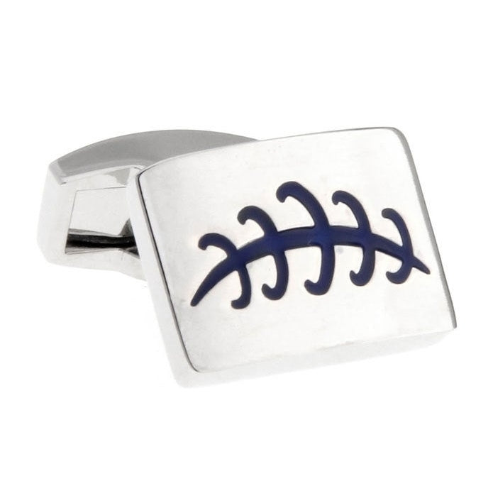 Classic Silver Thick Wedge w Baseball Royal Blue Stitched Cufflinks Cuff Links Image 1