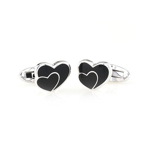 Double Black Heart Cufflinks Enamel Silver Hearts with Love Cufflinks Cuff Links Valentines Groom Father of the Bride Image 1