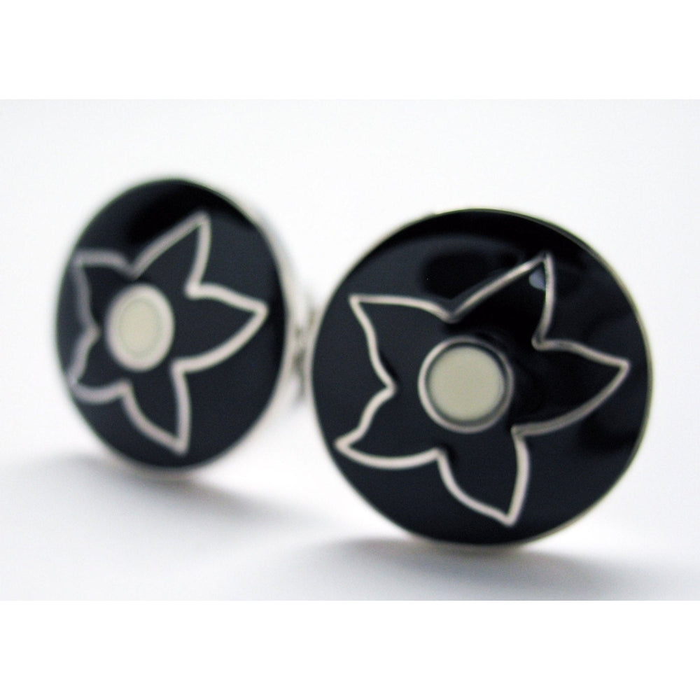 Tropical Press Flower Cufflinks Black Enamel Silver Toned Domed Shaped Great Design Cuff Links Image 2