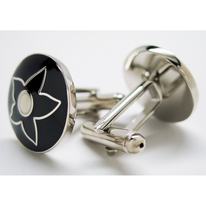 Tropical Press Flower Cufflinks Black Enamel Silver Toned Domed Shaped Great Design Cuff Links Image 3