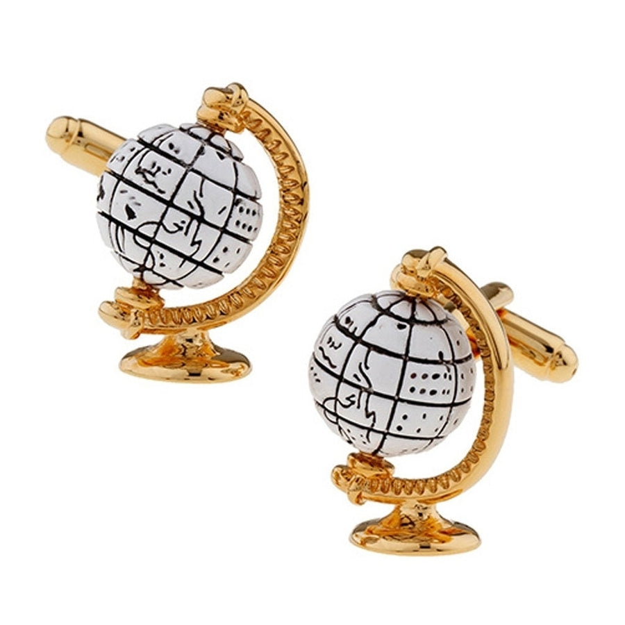Spinning Globe Cufflinks  White Glode with Gold Around the World Sailing Traveler Cuff Links Image 1