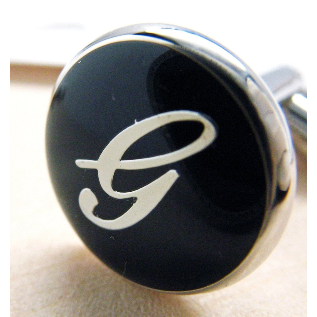 G Initials Cufflinks Silver Toned Round Black Enamel Script Letters G Personalized Groom Father Bride Wedding Image 1