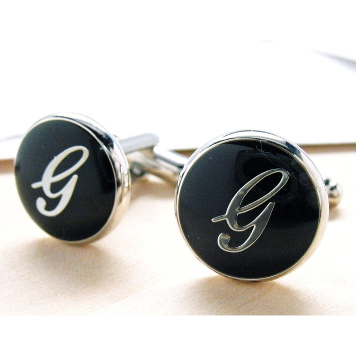 G Initials Cufflinks Silver Toned Round Black Enamel Script Letters G Personalized Groom Father Bride Wedding Image 2