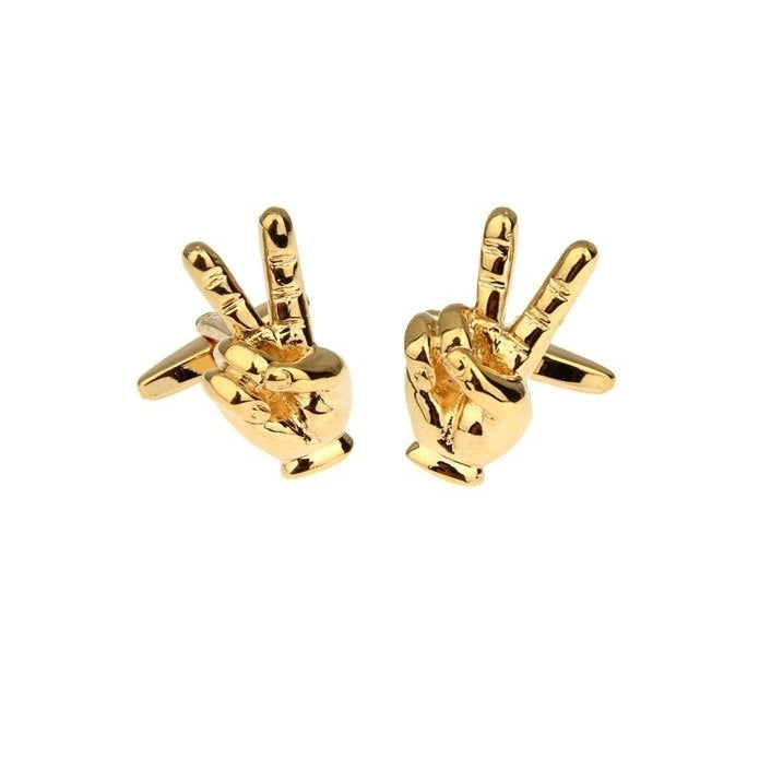 Peace Sign Hand Cufflinks Brushed Gold Tone Peace Rock and Roll Cuff Links Image 2