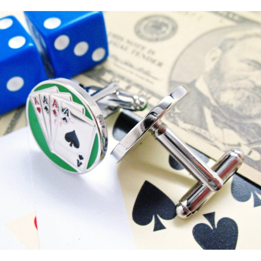 Full Stack of Aces Cufflinks Round Silver Toned Green Enamel Las Vegas Fun Gambling Cuff Links High Rollers Poker Image 2