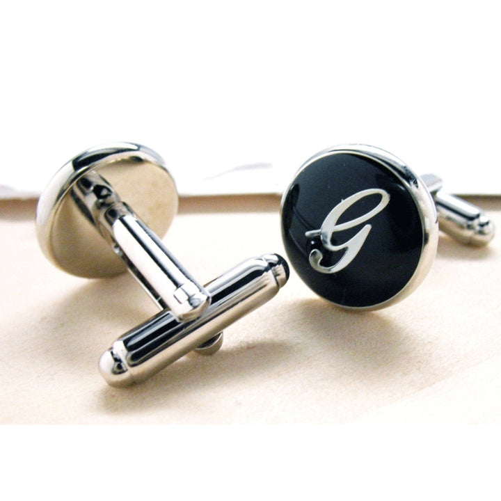 G Initials Cufflinks Silver Toned Round Black Enamel Script Letters G Personalized Groom Father Bride Wedding Image 3