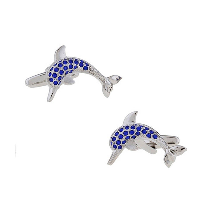 Dolphin Cufflinks Montana Blue River Crystals Dolphin Cufflinks Silver Tone 3D Design Fish Ocean Sea Cuff links Comes Image 1