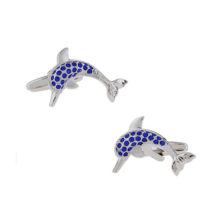 Dolphin Cufflinks Montana Blue River Crystals Dolphin Cufflinks Silver Tone 3D Design Fish Ocean Sea Cuff links Comes Image 1
