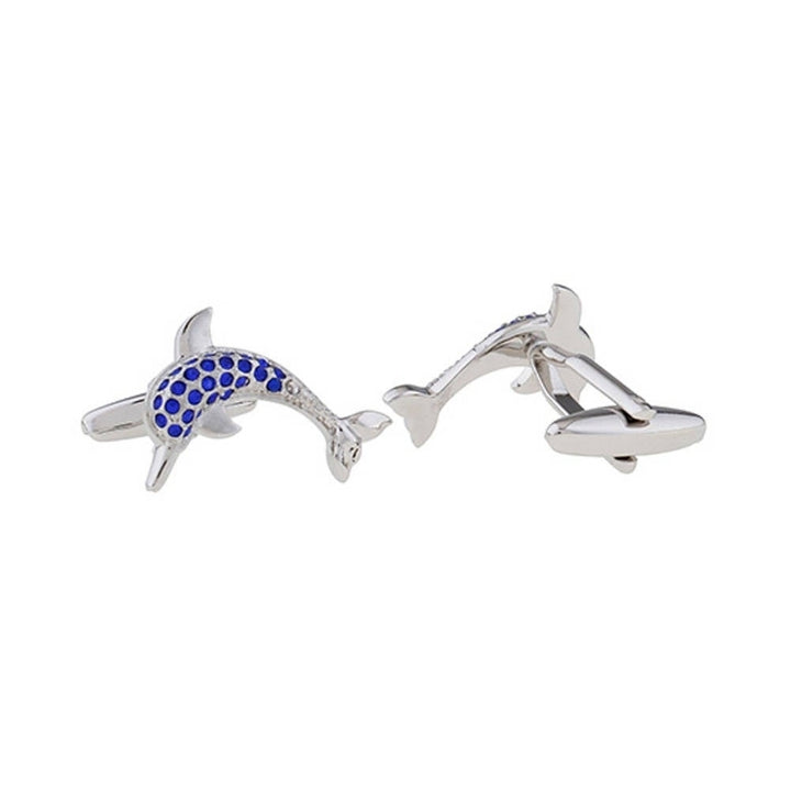 Dolphin Cufflinks Montana Blue River Crystals Dolphin Cufflinks Silver Tone 3D Design Fish Ocean Sea Cuff links Comes Image 2