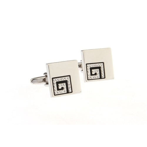 Silver Tone Greek Tile Cufflinks Black Inset Crystals Cuff Links Comes with gift Box Image 2