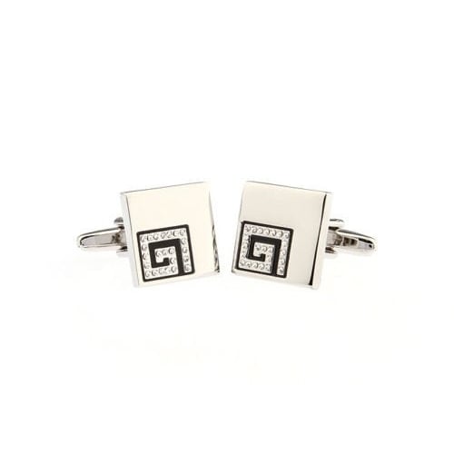 Silver Tone Greek Tile Cufflinks Black Inset Crystals Cuff Links Comes with gift Box Image 3