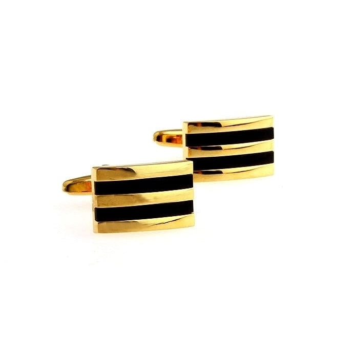 Beautiful Gold Tone Thick Black Repp Stripes Bar Classic Gentlemen Cufflinks Cuff Links Image 2
