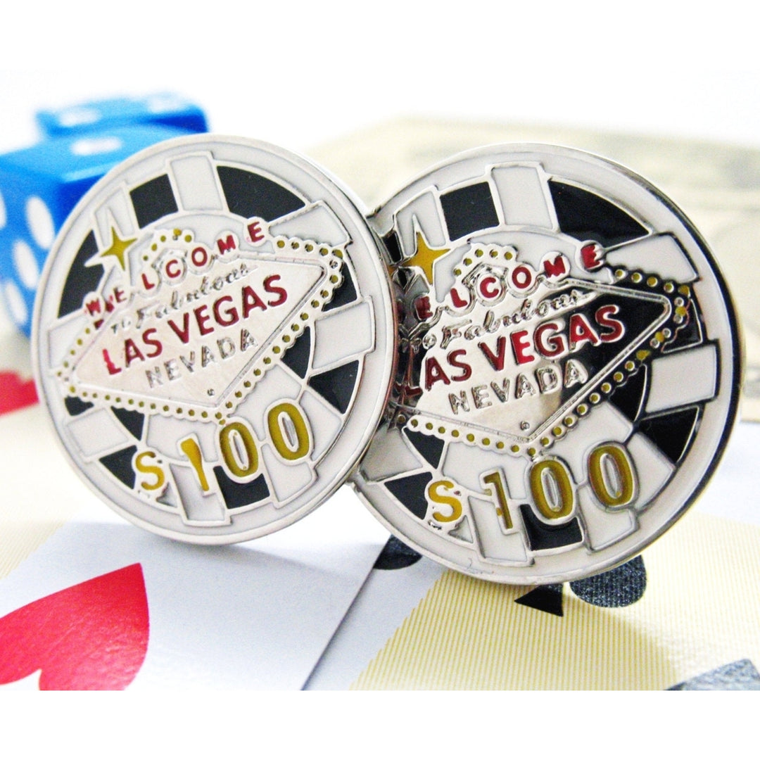Las Vegas Chip Cufflinks Silver Toned Black and Red Enamel Lucky Charm Poker Chip Fun Cuff Links Image 1