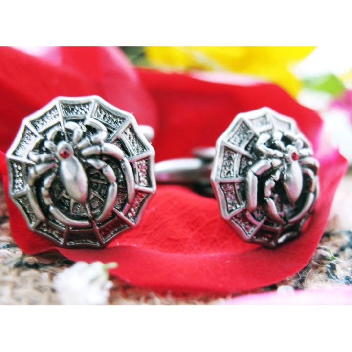 Gunmetal Spider Cufflinks Silver Toned Red Crystal Spider Bug Animal Insect Cuff Links Image 1